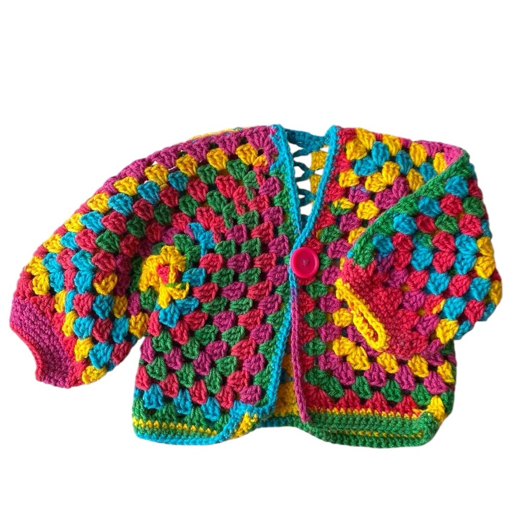 VINTAGE HANDMADE Crochet Sweater Cardigan Rainbow Hand Knit Handmade